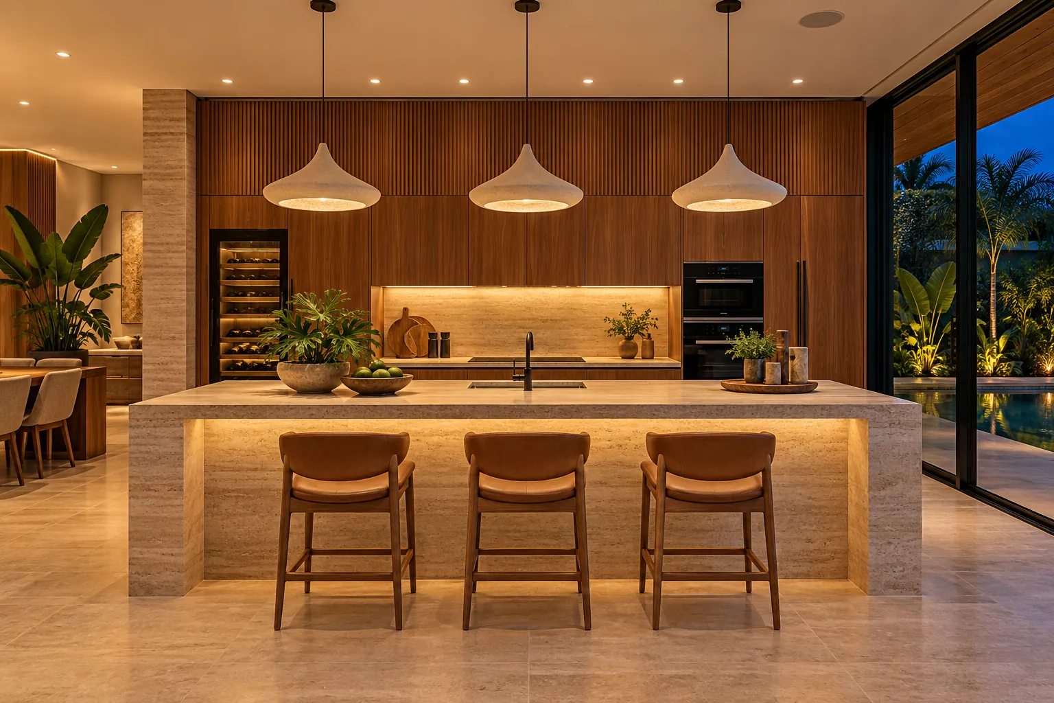 Cozinha gourmet iluminada à noite